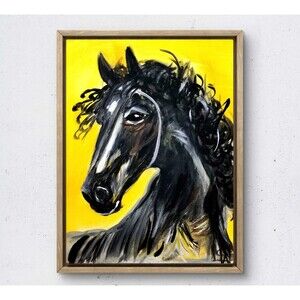 WS original black horse painting 14X11 canvas acrylic abstract modern wall art